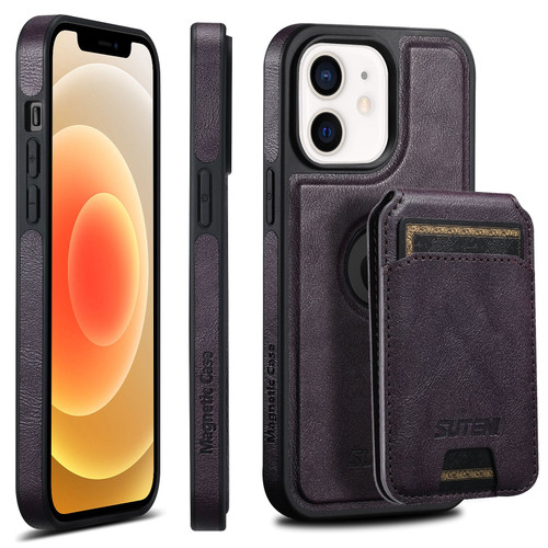 iPhone 12 Suteni M2 Oil Wax MagSafe Horizontal Card Bag Phone Case - Purple